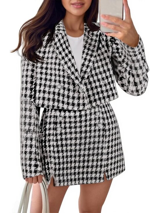 Jackets & Blazers - Chic Women's Cropped Tweed Blazer & Mini Skirt Set - Stylish Business Casual